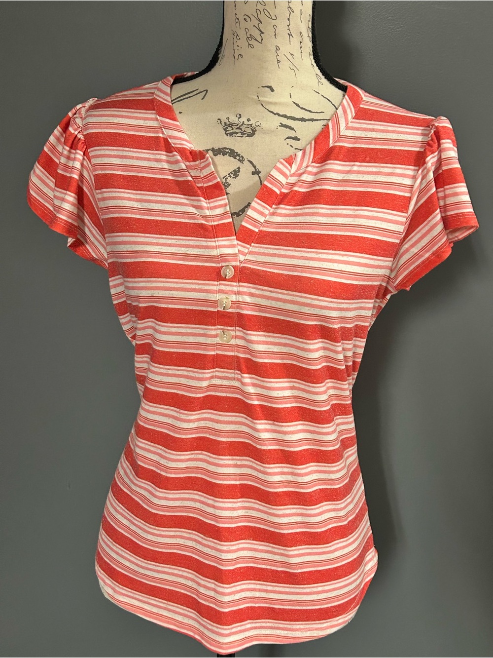 Striped Short-Sleeve Henley Top in Coral Pink and Cream